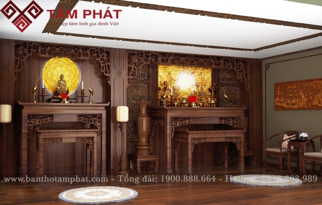 Phòng thờ sử dụng 2 bàn thờ Phật và bàn thờ gia tiên riêng biệt Phòng thờ sử dụng 2 bàn thờ Phật và bàn thờ gia tiên riêng biệt
