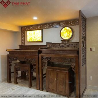 Phòng thờ kết hợp 2 bàn thờ Phật và gia tiên do Tâm Phát thiết kế