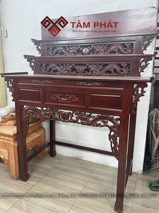 Bàn thờ 3 cấp gỗ Căm Xe đục rồng