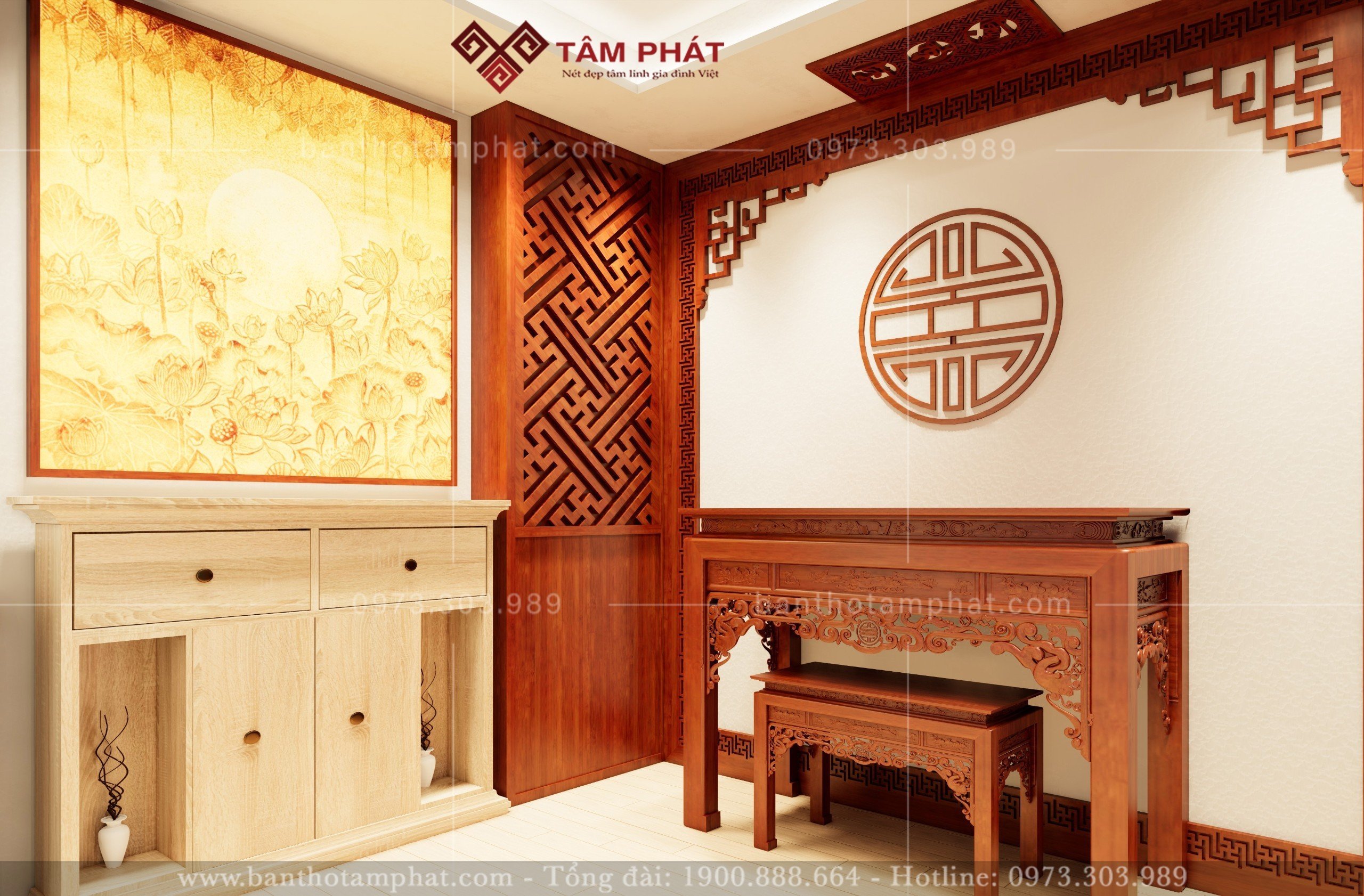 Phòng thờ thiết kế ít họa tiết nhưng rất ấm cúng trang nghiêm