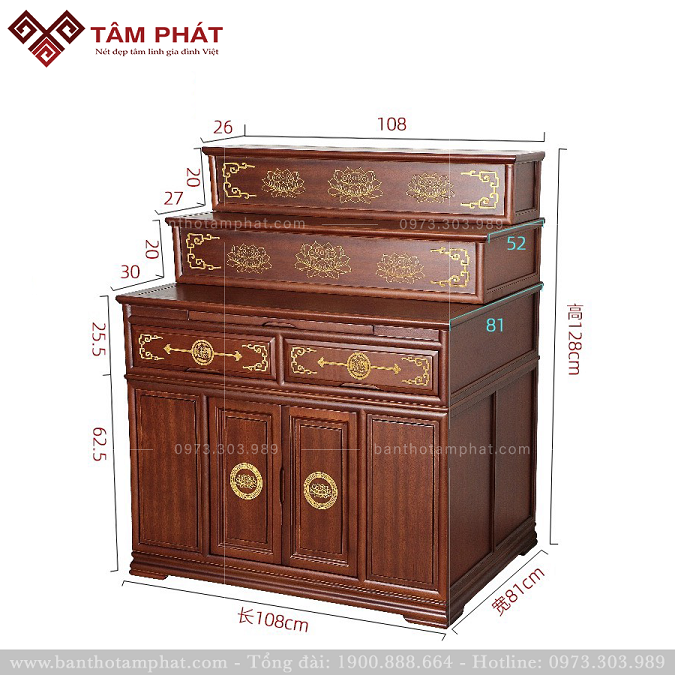 Mẫu tủ thờ 3 tầng kích thước nhỏ