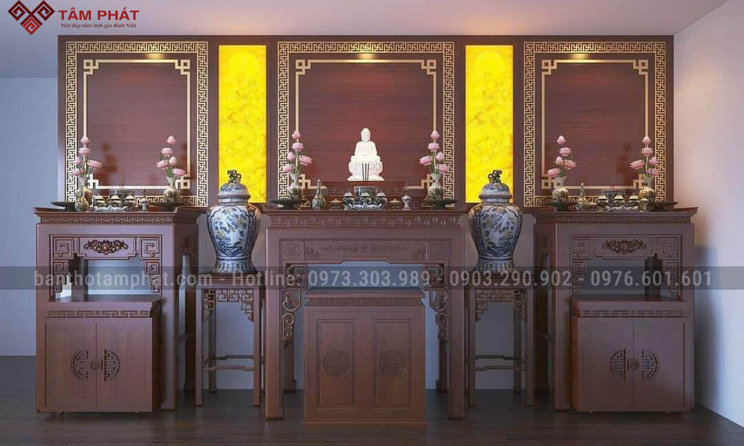 Phòng thờ BT-1254 đẹp thờ Phật và Gia tiên hài hòa.