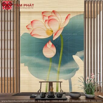 Rèm mành trúc hoa sen che bàn thờ mẫu REM-0054