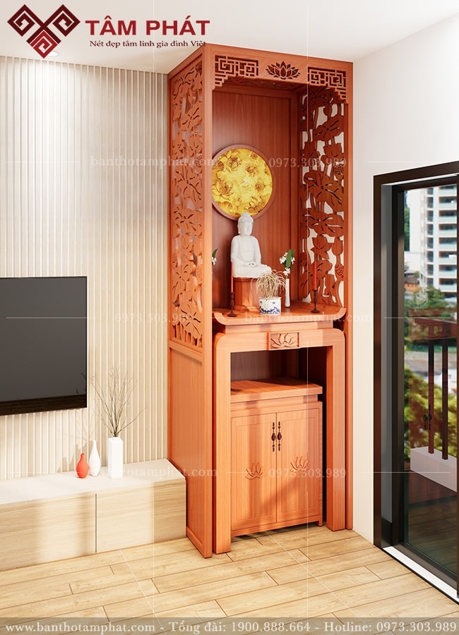 Phương án thiết kế phòng thờ hiện đại kèm vách ngăn kín đáo.