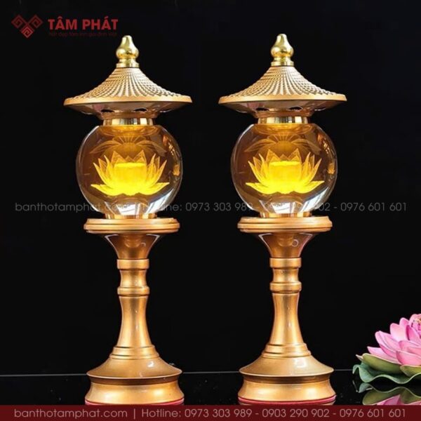 Đôi đèn thờ hoa sen nắp ô màu vàng mẫu ĐEN-0019 đa dạng kích thước.