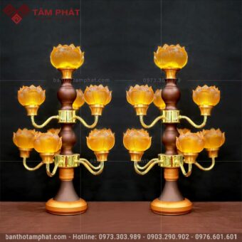 Đèn thờ hoa sen nhiều tầng thân nâu cổ điển mẫu ĐEN-008