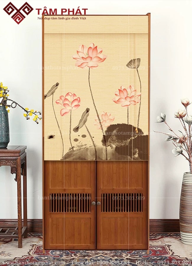 Tủ thờ Phật kèm rèm mành hoa sen đẹp mẫu BT-1590