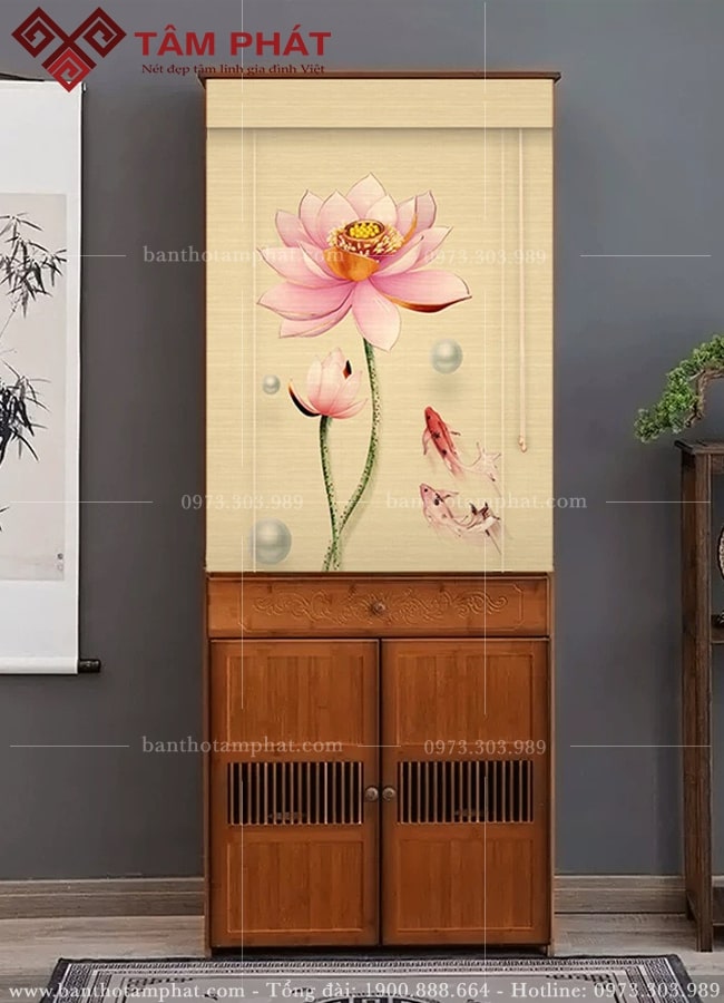 Rèm mành trúc hoa sen được in 3D sắc nét, tạo nên kiệt tác tranh sen bắt mắt.