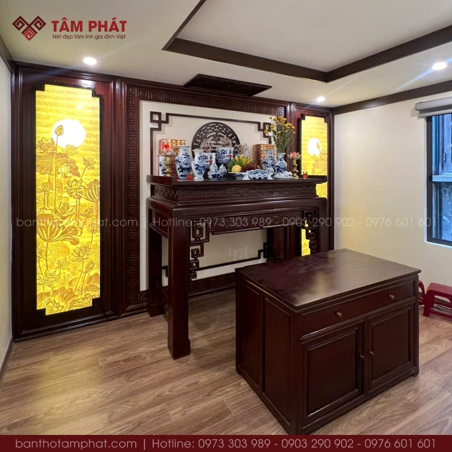 Không gian thờ ấm cúng, sang trọng được đội ngũ Tâm Phát thiết kế thi công trọn gói.