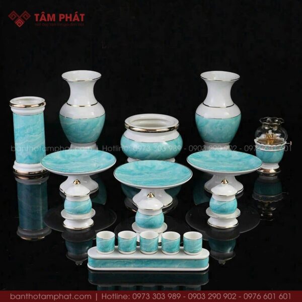 Bộ đồ thờ cúng màu xanh vân đá đẹp mẫu MS-005