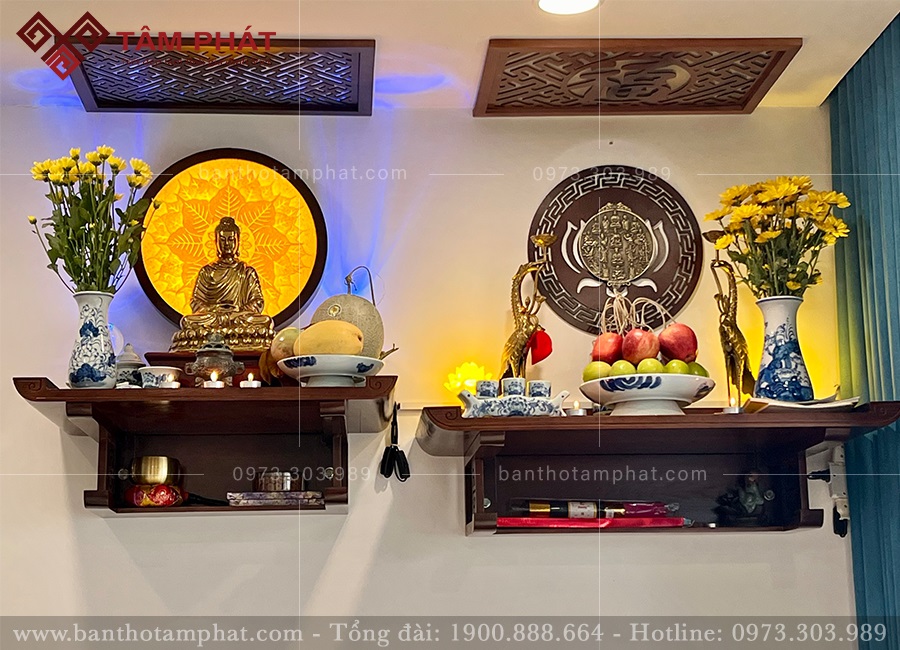 Bàn thờ treo tường 2 tầng thờ Phật và gia tiên Bàn thờ treo tường 2 tầng thờ Phật và gia tiên