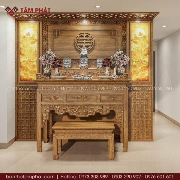 Mẫu phòng thờ kết hợp thờ Phật và Gia Tiên trên cùng một bàn đẹp BT-1684
