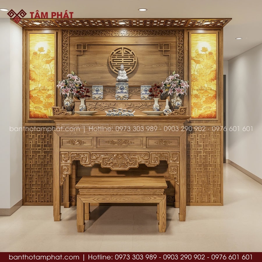 Mẫu phòng thờ kết hợp thờ Phật và Gia Tiên trên cùng một bàn đẹp BT-1684