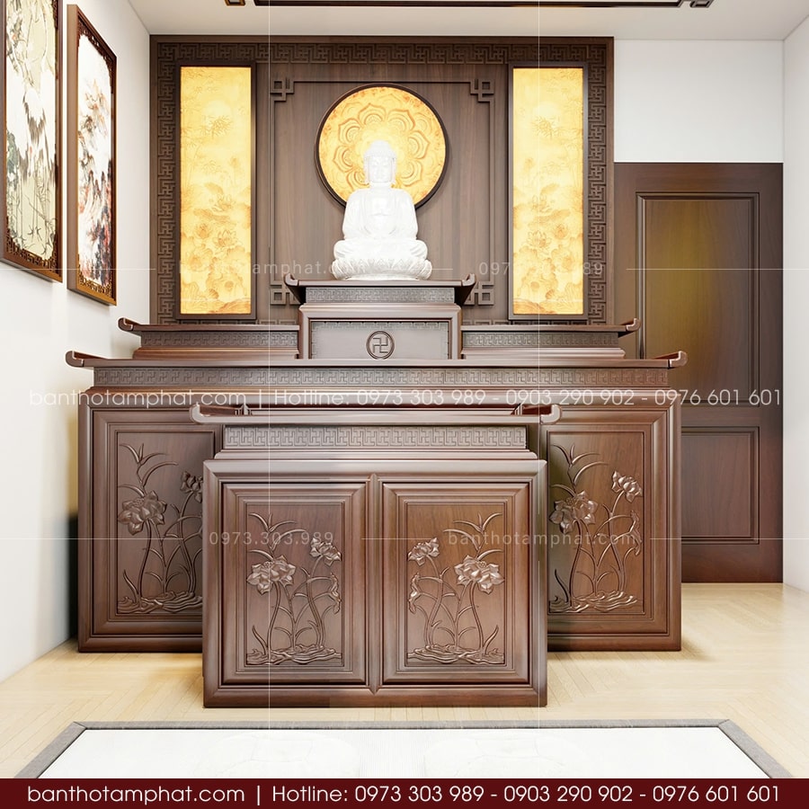 Mẫu tủ thờ Phật 2 tầng chạm hoa lan thanh tao BT-1688