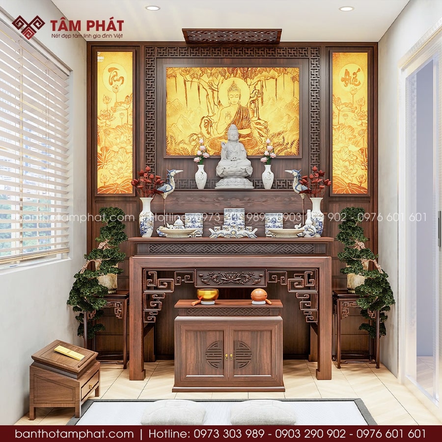Phòng thờ Phật kết hợp tranh trúc chỉ đẹp mẫu BT-1680