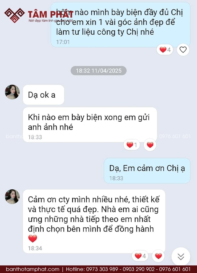 Feedback hài lòng của gia chủ về phòng thờ Tâm Phát thiết kế và thi công.