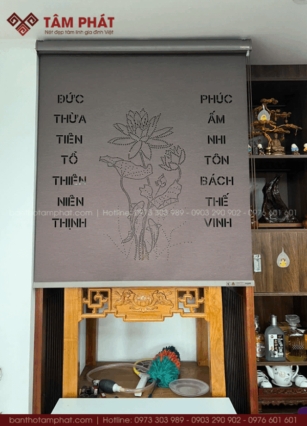 Rèm che bàn thờ bằng vải mẫu câu đối REM-0075