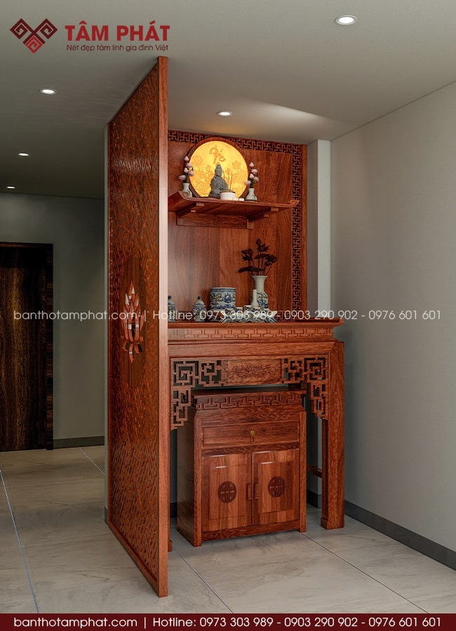 Thiết kế 3D phòng thờ nhỏ gọn tại không gian tầng mái trên cùng.