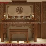 Bên trong là thiết kế phòng thờ đơn giản với bàn thờ đứng và ốp vách hiện đại.