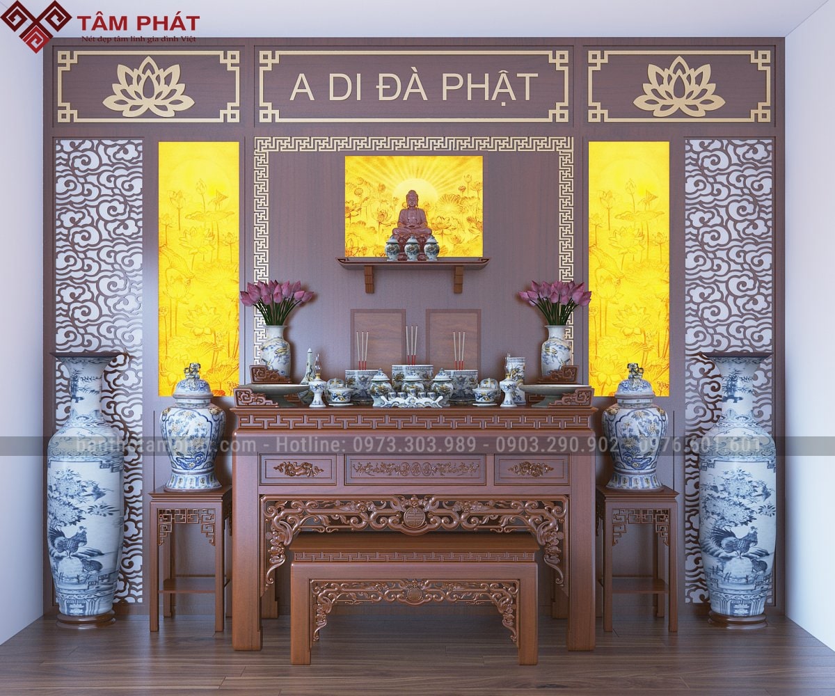 Một không gian thờ BT-1730 đẹp, chỉn chu từ ánh sáng đến màu sắc.