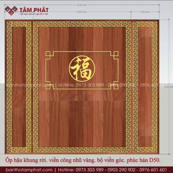 Ốp hậu MDF kín đáo, chữ Phúc lớn chính giữa mang đến vẻ đẹp hài hòa giữa truyền thống và hiện đại.