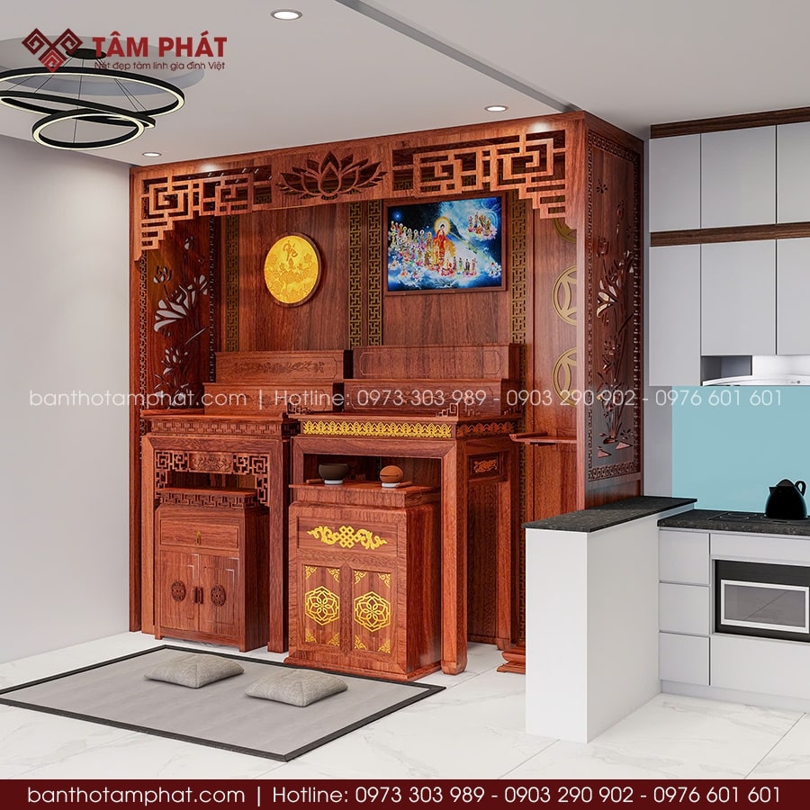 Không gian phòng thờ được thiết kế khép kín, mang lại sự trang nghiêm và tĩnh tại cho ngôi nhà.