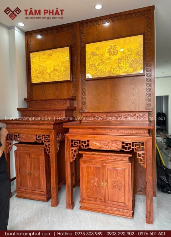 Phòng thờ Phật và Gia Tiên gỗ hương đá cao cấp, có độ bền cao, vân gỗ đẹp.