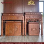 Mẫu bàn thờ đứng sang trọng, chạm khắc tinh tế, chất liệu gỗ tự nhiên bền, chắc chắn.