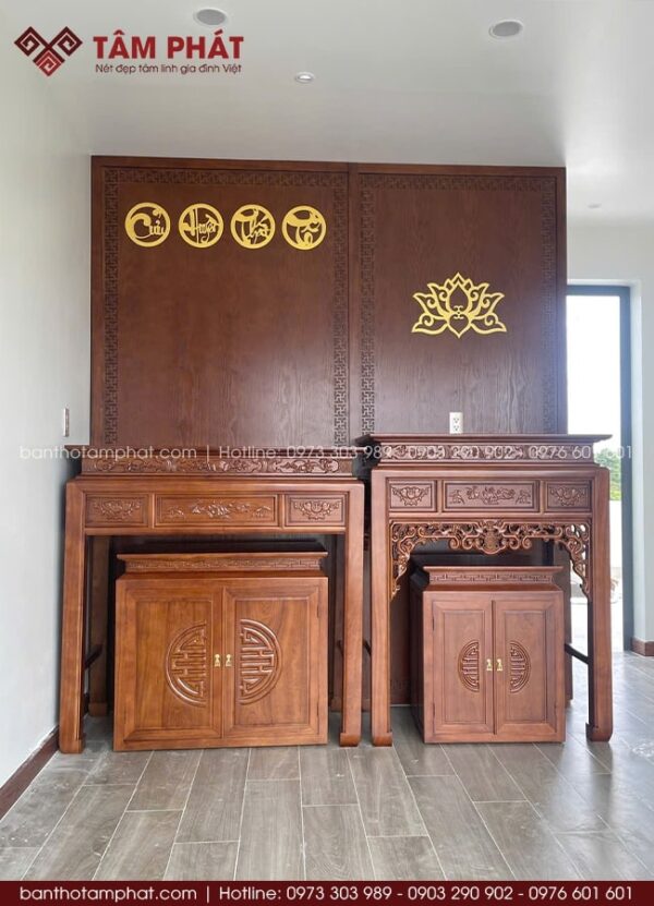 Bàn thờ đứng đi kèm tủ cơm bên dưới - tiện lợi bày biện mâm lễ trong những ngày quan trọng.