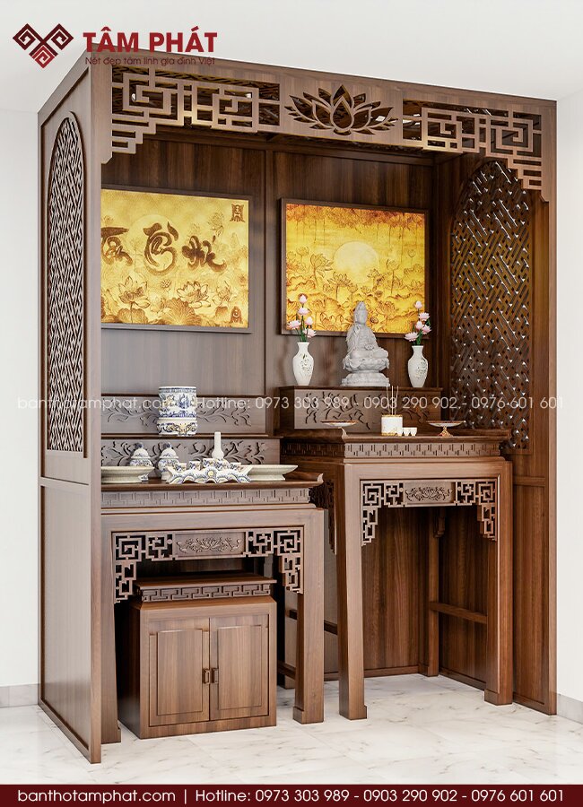 Khi sắp xếp chuẩn, không gian thờ tự nhiên rõ ràng, trang nghiêm và có chiều sâu hơn.