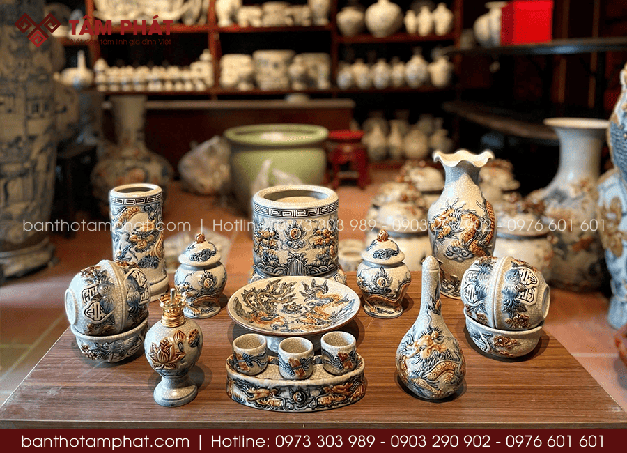 Bộ đồ thờ men rạn họa tiết rồng