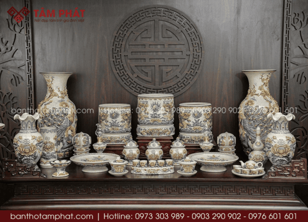 Bộ đồ thờ bát hương men rạn Bát Tràng cho bàn thờ gia tiên MS-011