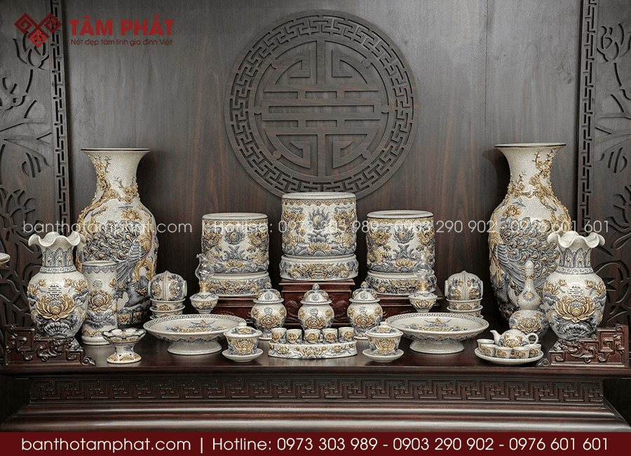 Bộ đồ thờ bát hương men rạn Bát Tràng cho bàn thờ gia tiên MS-011