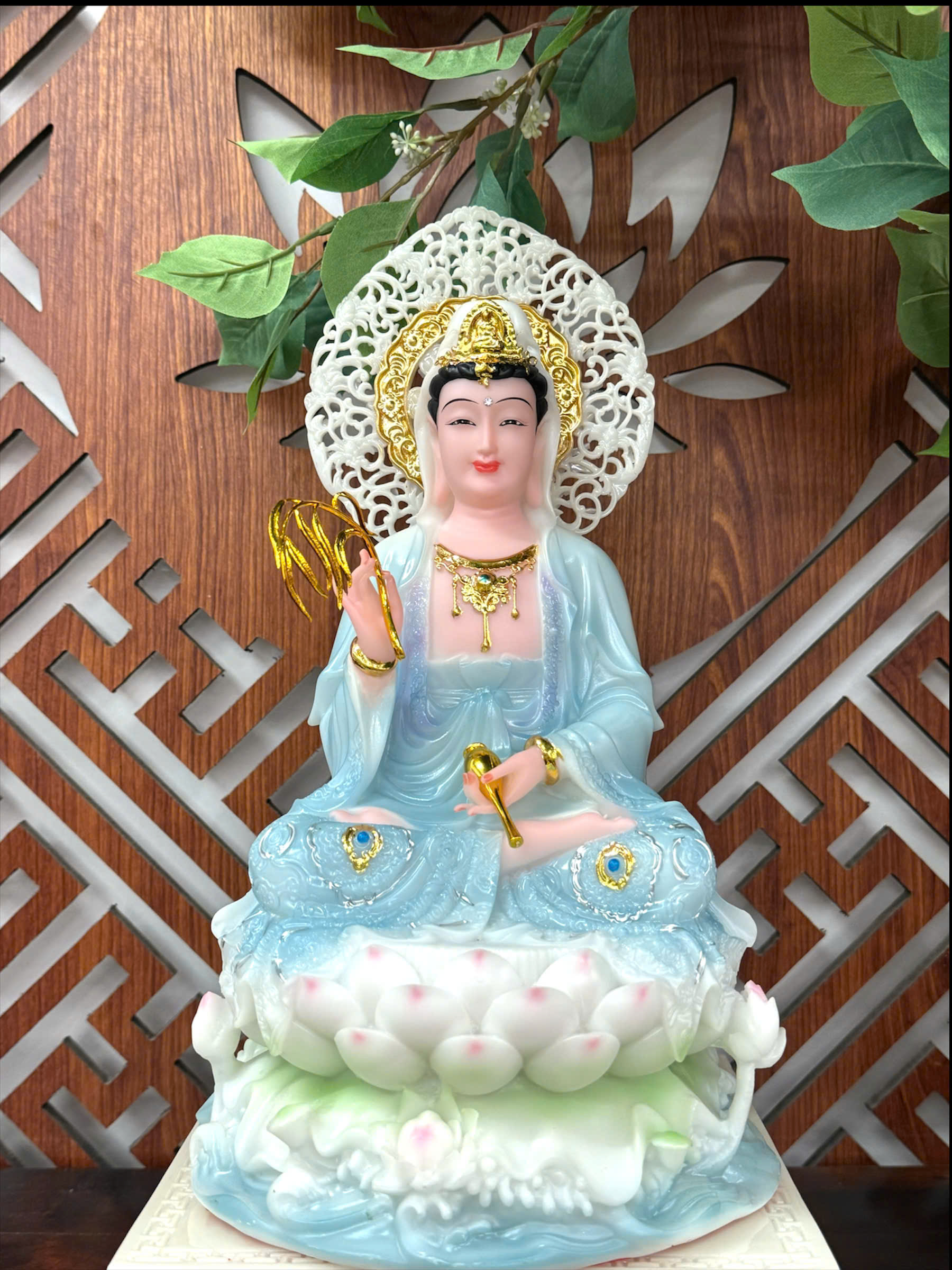 Tượng Quan Thế Âm Bồ Tát Ngồi Đài Sen Màu Xanh Ngọc - QA9001 Tượng Quan Thế Âm Bồ Tát Ngồi Đài Sen Màu Xanh Ngọc - QA9001